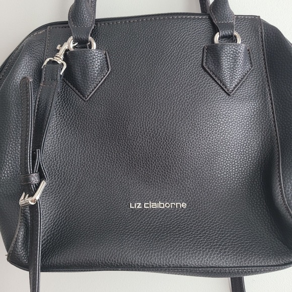 Liz Claiborne black pebbled faux leather satchel bag purse detachable strap goth - Picture 5 of 16